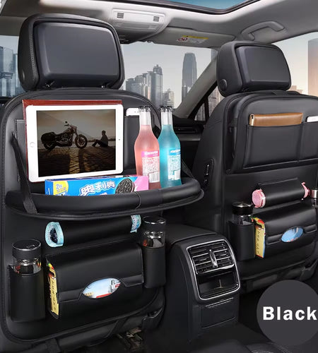 Car Seat Back Organizer PU Leather Auto Storage Bag with Foldable Table Tray Tablet Holder Tissue Box Pockets Cars Accessories