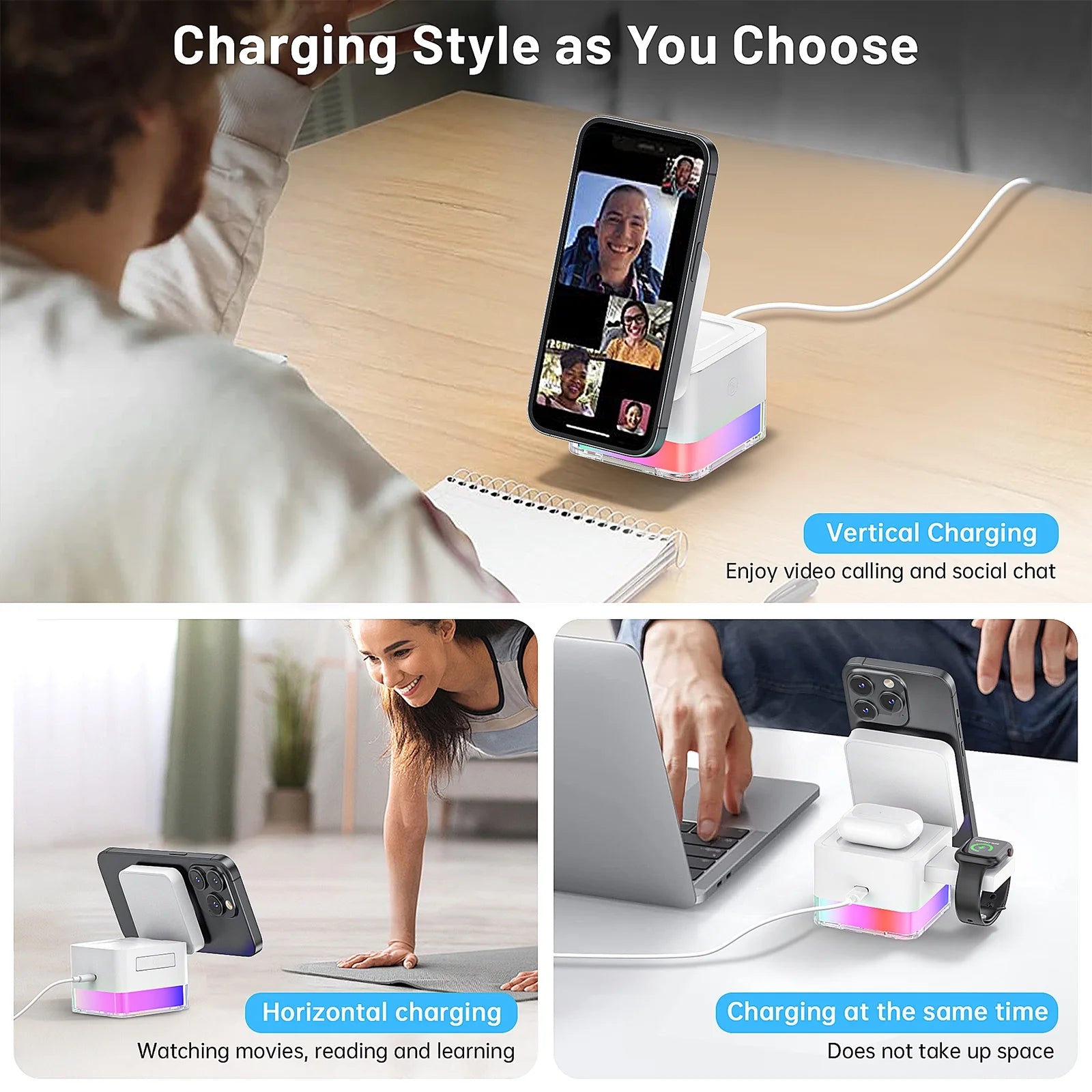 Wireless Charging Station, 3 in 1 Mag-Safe Charger Stand for Multiple Iphone Devices, Magnetic Wireless Charger for Iphone 15/14/13/12/Pro/Pro Max, Iwatch Ultra/Se/9/8/7/6/5/4/3/2, Airpods 2/3, White