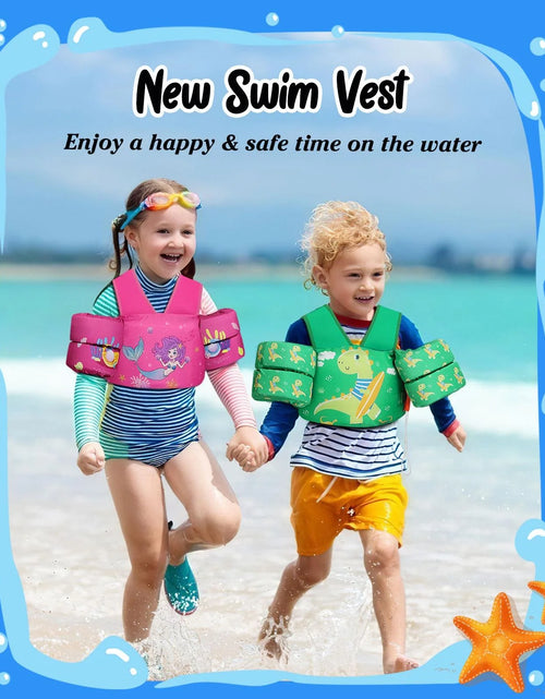 Load image into Gallery viewer, Kids Swim Vest for 25-60 Lbs with Whistle, Swimming Trainer Floaties Vests with Double Security Buckle for 3 4 5 6 7 8 Years Old Children, Green Dinosaur
