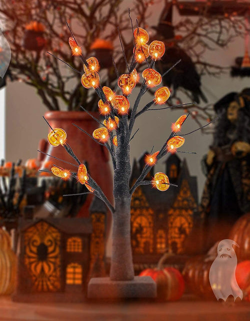 Load image into Gallery viewer, 24 LED Lighted Halloween Tree, Battery Operated Birch Tree with 24 DIY Pumpkins, Indoor Home Table Desktop Best Halloween Decorations Gift Package
