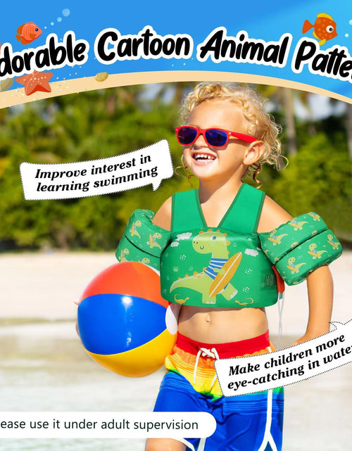 Load image into Gallery viewer, Kids Swim Vest for 25-60 Lbs with Whistle, Swimming Trainer Floaties Vests with Double Security Buckle for 3 4 5 6 7 8 Years Old Children, Green Dinosaur
