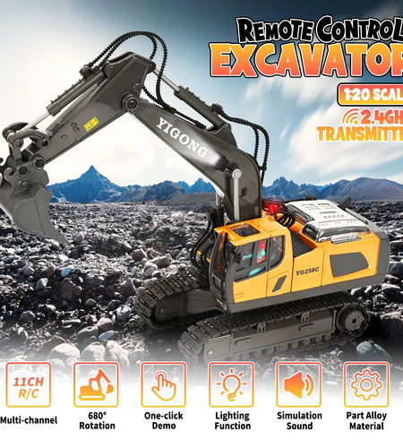 Remote Control Excavator,Rc Excavator Toys,11 Channel Rechargeable Construction Vehicle Toys with Lights Sounds,Gifts for Kids 6-12 Years Old