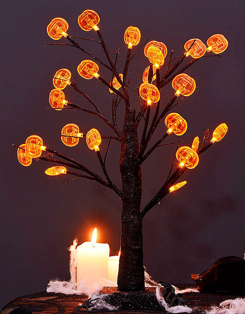 Load image into Gallery viewer, 24 LED Lighted Halloween Tree, Battery Operated Birch Tree with 24 DIY Pumpkins, Indoor Home Table Desktop Best Halloween Decorations Gift Package
