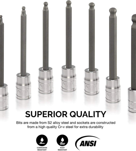 10072A 3/8-Inch Drive Extra Long Allen Hex Bit Socket Set, SAE, 1/8-Inch - 3/8-Inch | S2 and Cr-V Steel, 7-Piece Set