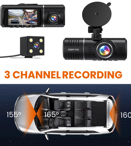 3 Channel Dash Cam, 1080P Front and Rear Inside, Dashcam Three Way Triple Car Camera with IR Night Vision, Loop Recording, G-Sensor, WDR, 24H Parking Monitor, Support 128GB Max