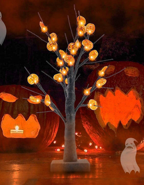 Load image into Gallery viewer, 24 LED Lighted Halloween Tree, Battery Operated Birch Tree with 24 DIY Pumpkins, Indoor Home Table Desktop Best Halloween Decorations Gift Package
