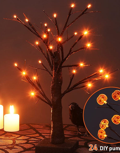Load image into Gallery viewer, 24 LED Lighted Halloween Tree, Battery Operated Birch Tree with 24 DIY Pumpkins, Indoor Home Table Desktop Best Halloween Decorations Gift Package
