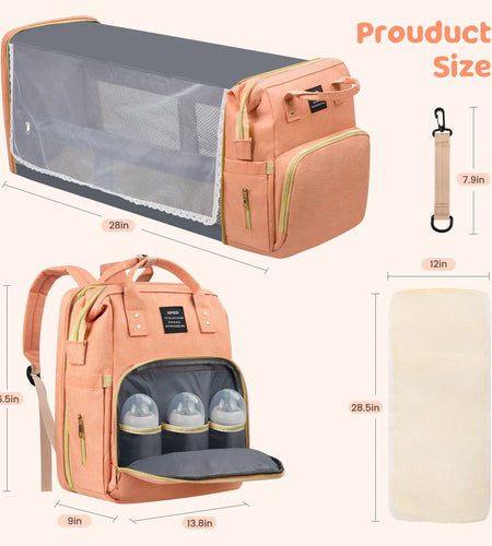 Diaper Bag Backpack, Multifunctional Baby Diaper Bags with Changing Station &Foldable Crib, Large Capacity Baby Bag for Boys Girls W/ USB Charging Port&Stroller Strap, Mom Gifts Baby Essentials(Gray)