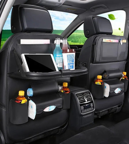 Car Seat Back Organizer with Foldable Table Tray PU Leather Storage Organizer with Pockets Kick Mats Seat Interior Accessories